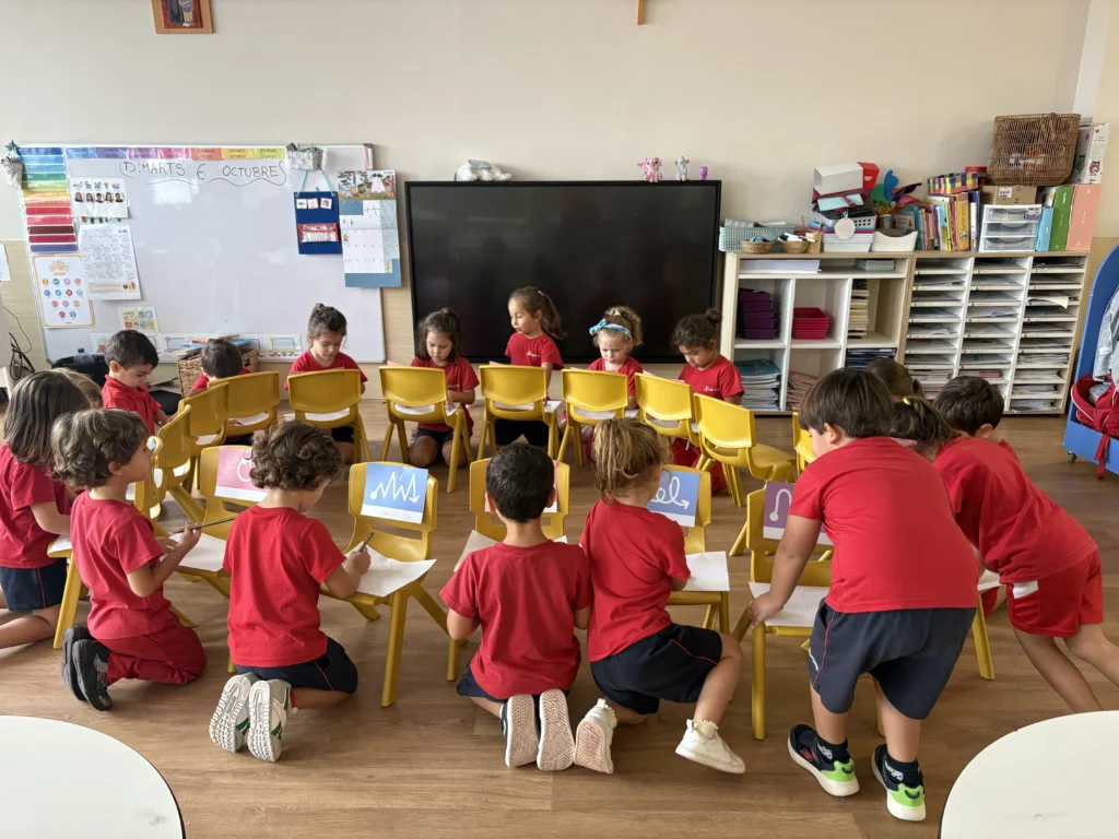 Proposta pendent de confirmar: Nens d'I4 jugant al joc de les cadires per practicar els traços de Ludilletres a l'aula.